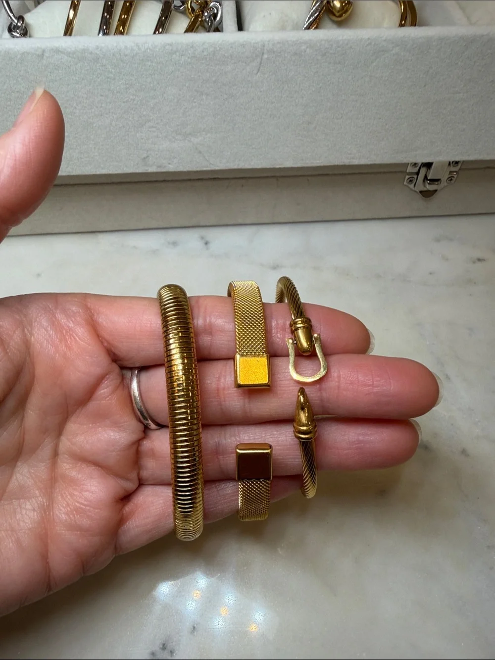 3pc Gold Bracelet Set Stretch Cable Adjustable Stainless Steel.